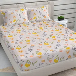FABINALIV Cream-Coloured & Yellow Floral 300 TC King Bedsheet with 2 Pillow Covers-picture-25