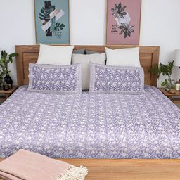 Baarno Blue & Grey Floral 220 TC King Bedsheet with 2 Pillow Covers-image-33