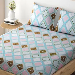 HOKIPO Blue Geometric Printed Microfiber Fitted Queen Bedsheet with 2 Pillow Covers-image-39