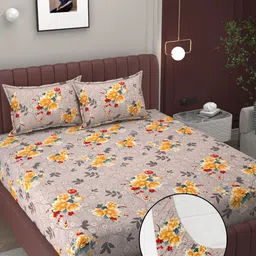 BELVOSTUM Beige & Yellow Floral 210 TC Cotton Crib Fitted Bedsheet With 2 Pillow Covers-picture-21