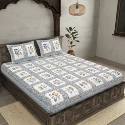 JAIPUR FABRIC Floral Frame White & Grey 240 TC Cotton Queen Bedsheet & 2 Pillow Covers-image-59