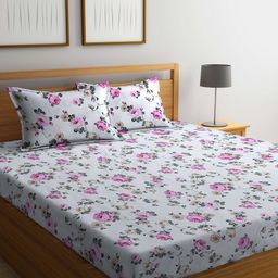 FABINALIV White & Pink Printed 300 TC Fitted King Bedsheet with 2 Pillow Covers-28