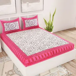 Aura Pink & White Ethnic Motifs Printed Cotton 120 TC Queen Bedsheet with 2 Pillow Covers-image-99