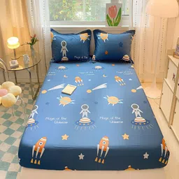 JC HOME Blue Cartoon Characters Cotton Fitted 220 TC King Bedsheet & 2 Pillow Covers-image-54