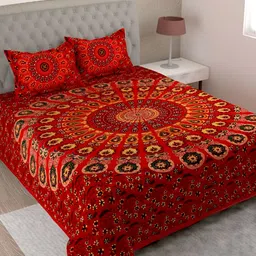 Aura Red & Yellow Ethnic Motifs 144 TC Cotton King Bedsheet With 2 Pillow Covers-image-49