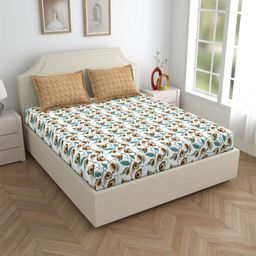 Salona Bichona Brown & White Printed Pure Cotton 144 TC King Bedsheet With 2 Pillow Covers-image-71