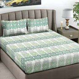 FABINALIV White & Green Floral 300 TC Flat King Bedsheet with 2 Pillow Covers-picture-35