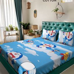 KLOTTHE Blue Cartoon Characters Printed 400TC Pure Cotton Double King Bedsheet Set-10