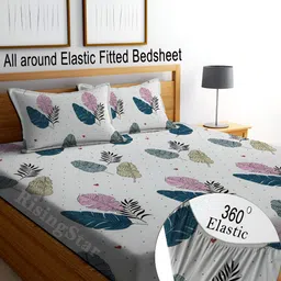 RISING STAR White & Blue Ethnic Motifs 350 TC Fitted King Bedsheet with 2 Pillow Covers-image-33