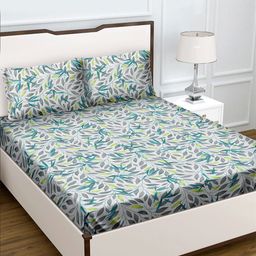HERE&NOW Sea Green & Grey Floral Printed 180 TC King Bedsheet & 2 Pillow Covers-image-98