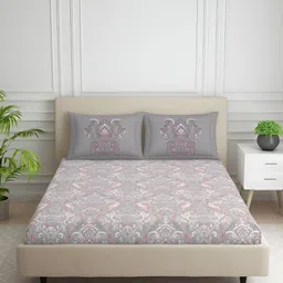 SPACES Grey & Orange Ethnic Motifs Cotton 144 TC King Bedsheet with 2 Pillow Covers-picture-4