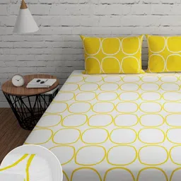 Huesland White & Yellow Geometric Fitted Cotton 144 TC King Bedsheet With 2 Pillow Covers-image-99