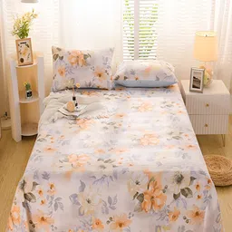 JC HOME Peach Coloured & Orange Floral 220 TC Single Bedsheet with Pillow Cover-image-96