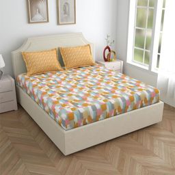 Salona Bichona Brown & White Cotton Fitted 144 TC King Bedsheet with 2 Pillow Covers-image-43