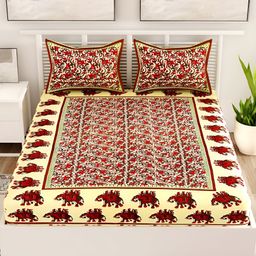 Aura Brown & Yellow Ethnic Motifs Cotton 120 TC Queen Bedsheet with 2 Pillow Covers-image-2