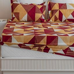 HOMEMONDE Red & Mustard Geometric Cotton Fitted 210 TC King Bedsheet With 2 Pillow Covers-picture-32