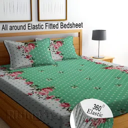 RISING STAR Green & White Floral Printed 250 TC King Bedsheet with 2 Pillow Covers-2