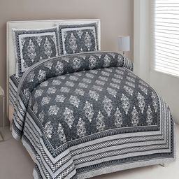 Aura Grey & White Ethnic Motifs 180 TC Cotton King Bedsheet With 2 Pillow Covers-image-70