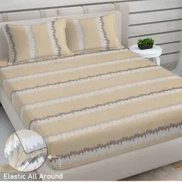 FABINALIV Beige & White Striped 300 TC King Bedsheet with 2 Pillow Covers-picture-49