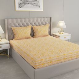 PATRICKO Yellow & White Floral 330 TC Cotton King Bedsheet With 2 Pillow Covers-image-54