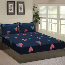 Good Homes by Home Candy Navy Blue & Red Conversational 140 TC Queen Bedsheet with 2 Pillow Covers-picture-2