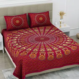 POORAK Maroon & Blue Ethnic Motifs Cotton 104 TC Queen Bedsheet with 2 Pillow Covers-image-0