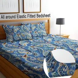 RISING STAR Blue & White Ethnic Motifs 250 TC King Fitted Bedsheet with 2 Pillow Covers-image-54