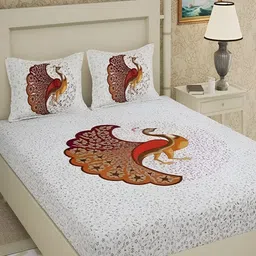 Runjhun Cream-Coloured Ethnic Motifs 144 TC Pure Cotton Queen Bedsheet & 2 Pillow Covers-17