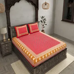 Runjhun Red & White Ethnic Motifs Cotton 144 TC Queen Bedsheet with 2 Pillow Covers-image-13