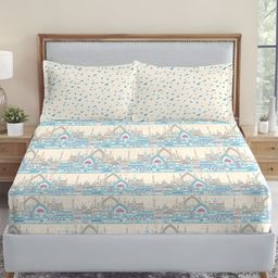 MYTRIDENT Off White & Blue Graphic 144 TC King Bedsheet with 2 Pillow Covers-image-104