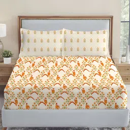 MYTRIDENT Cream-Coloured & Orange Graphic 144 TC King Bedsheet with 2 Pillow Covers-28
