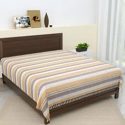 Aura Peach-Coloured & Grey Striped 144 TC Cotton Queen Bedsheet with Pillow Covers-picture-3