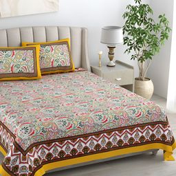 EasyGoods Green & Yellow Floral Cotton 400 TC King Bedsheet with 2 Pillow Covers-image-95