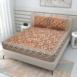PATRICKO Brown Floral Cotton 210 TC Queen Bedsheet With 2 Pillow Covers-image-91