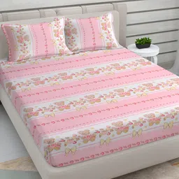 FABINALIV Pink & White Cartoon Characters 300 TC King Bedsheet with 2 Pillow Covers-image-62