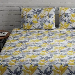 Huesland Grey & White Floral Fitted Cotton 144 TC Single Bedsheet With 2 Pillow Covers-image-48