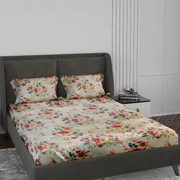 LABHAM Crystal Beige & Red Floral Printed 140 TC Cotton King Bedsheet & 2 Pillow Covers-image-8
