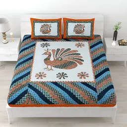 POORAK Orange & Blue Ethnic Motifs Cotton 104 TC Queen Bedsheet With 2 Pillow Covers-image-48