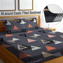RISING STAR Grey & Black Geometric Cotton 250 TC Fitted King Bedsheet With 2 Pillow Covers-image-50
