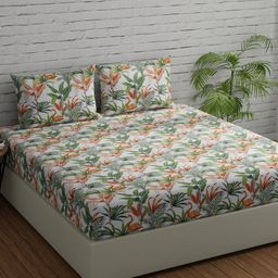 Huesland Comfort White & Orange Floral 144 TC Cotton Queen Bedsheet with 2 Pillow Covers-image-100