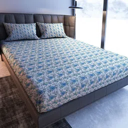 MAYFAIR HOMES LONDON Blue Blooming Floral Cotton 108 TC King Bedsheet With 2 Pillow Covers-picture-20