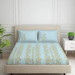SPACES Blue & Green Floral Cotton 144 TC King Bedsheet with 2 Pillow Covers-image-35