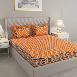 PATRICKO Orange & White Floral Cotton 330 TC King Bedsheet with 2 Pillow Covers-image-84