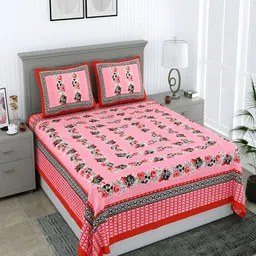 PATRICKO Pink & Grey Floral 210 TC Cotton Queen Bedsheet With 2 Pillow Covers-image-94
