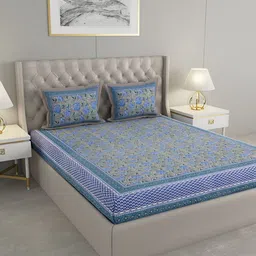 PATRICKO Blue & White Floral Flat 330 TC Cotton King Bedsheet with 2 Pillow Covers-picture-45