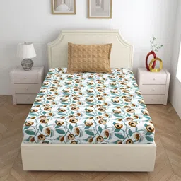 Salona Bichona Brown & White Floral Cotton 144 TC Single Bedsheet with 1 Pillow Covers-image-98