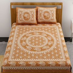 Aura Mustard & White Ethnic Motifs Cotton 120 TC Queen Bedsheet With 2 Pillow Covers-image-87