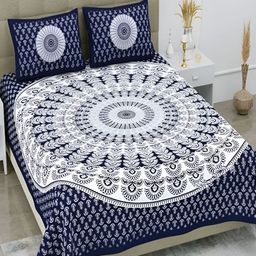 Runjhun Blue & White Floral Cotton 144 TC Queen Bedsheet with 2 Pillow Covers-image-75
