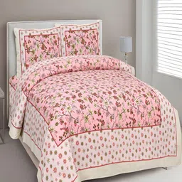 Aura Peach-Coloured & Green Floral 180 TC Cotton King Bedsheet With 2 Pillow Covers-image-69