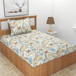 MORADO Off White & White Printed 210 TC Single Bedsheet with 1 Pillow Covers-image-95